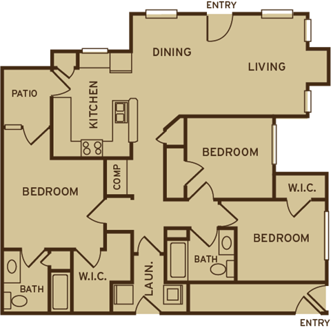 Floor plan for 3 beds, 2 baths, 1257 sqft